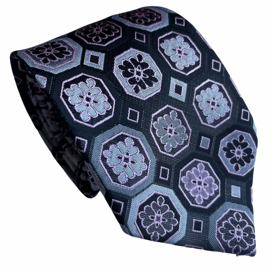 Black Silver Pink Octogon Floral Necktie